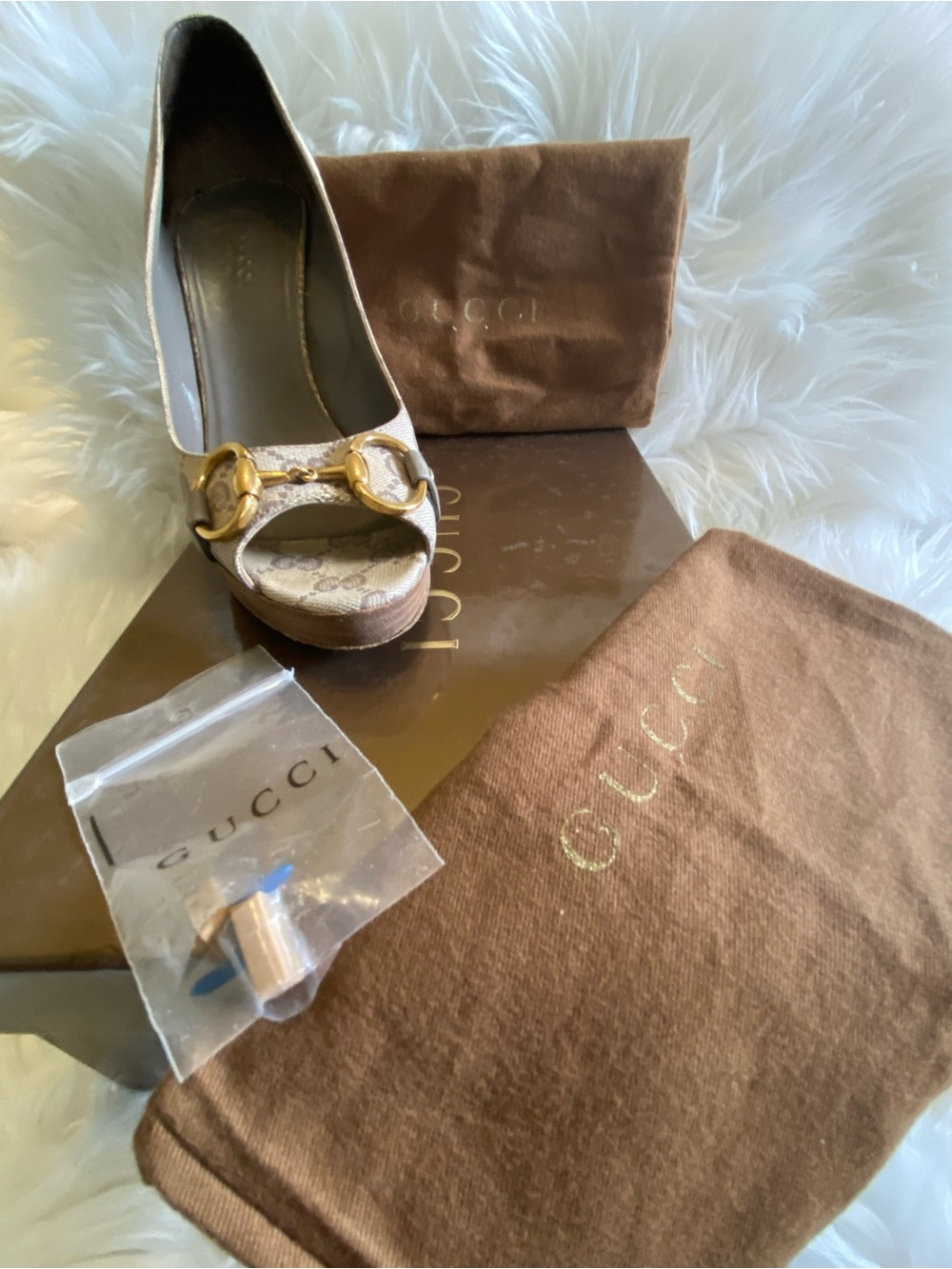 🛍️Gucci Authentic Horsebit Canvas Peep-Toe Pumps & All Original Packaging - Picture 3 of 17